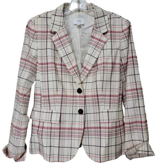Lewit Jacket 8 Plaid Blazer White Wool Stretch Button Kick Pleat Lined - Picture 1 of 7